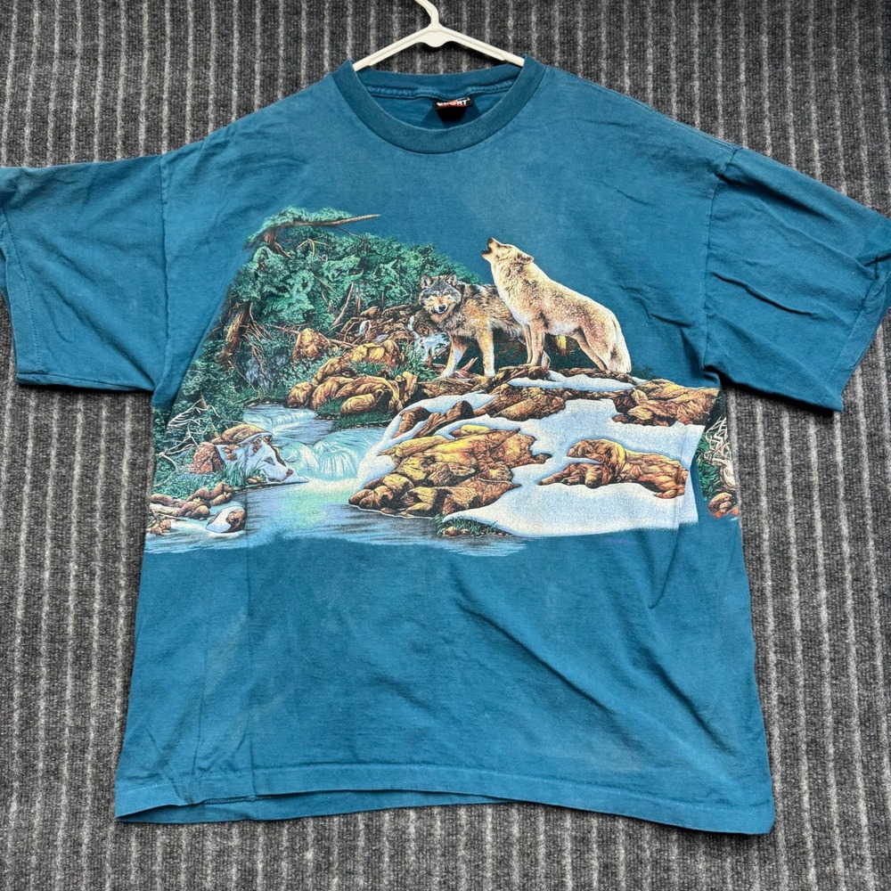 Signal Sport Wolf Graphic T-Shirt XL Teal Vintage 90s Nature USA (2305)